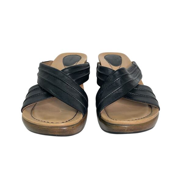 Dansko Necci Black Leather Criss Cross Slip on 3" Wedge Slide Sandals Sz 9.5/40 - Picture 2 of 8